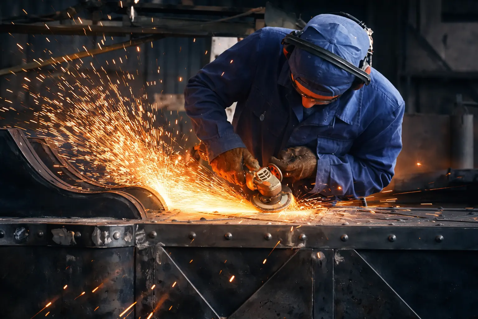 Mitarbeiter von SMS Metallbau beim Trennen eines Stahlprofils